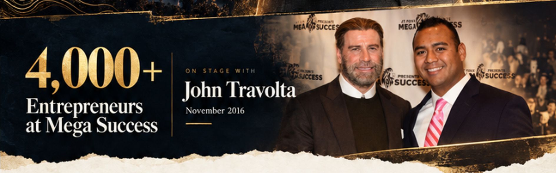 4,000+ entrepreneurs at Mega Success. On stage with John Travolta, November 2016.